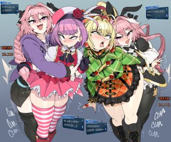 2boys 2girls ahegao ahoge arm_behind_back astolfo_(fate) blonde_hair breasts captain_kirb clone clothed_sex dialogue_box english_text fate/grand_order fate_(series) flat_chest grabbing_another's_arm grabbing_from_behind green_eyes helena_blavatsky_(fate) huge_breasts multiple_boys multiple_girls nero_claudius_(fate) open_mouth pink_hair purple_hair rolling_eyes sex sex_from_behind tongue tongue_out trap