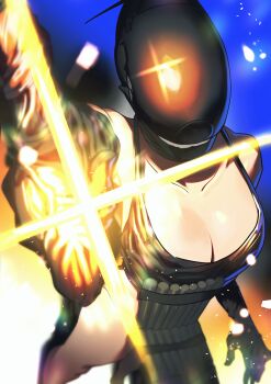 1girl absurdres ao_tsukushi apron black_apron black_gloves bomb_devil_(chainsaw_man) breasts chainsaw_man cleavage dynamite elbow_gloves explosive gloves highres medium_breasts object_head solo