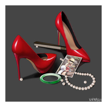 1girl artist_name bar_censor beads blonde_hair border bracelet breasts brown_thighhighs censored censored_identity dress gem grey_background high_heels highres jewelry large_breasts long_hair necklace pearl_(gemstone) pearl_necklace photo_(object) pumps red_dress red_footwear ring shoes simple_background solo stiletto_heels thighhighs virtual_youtuber white_border xnnagu