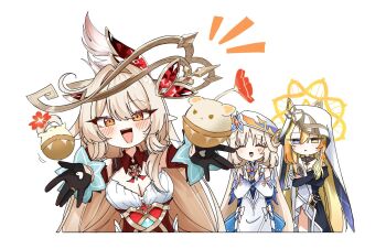 3girls alice_(genshin_impact) black_dress black_gloves blonde_hair blue_eyes closed_eyes detached_sleeves dress genshin_impact gloves hashtag-only_commentary hat headgear highres long_hair looking_at_viewer multicolored_dress multiple_girls nicole_reeyn open_mouth orange_eyes red_dress rhinedottir_(genshin_impact) simple_background smile sosii_79 symbol-shaped_pupils veil white_background white_dress white_hat white_veil yellow_eyes