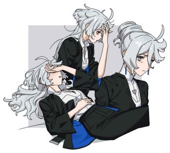 1girl baesong bags_under_eyes black_jacket black_pants closed_mouth commentary_request earrings grey_background grey_eyes grey_hair gundam gundam_suisei_no_majo jacket jewelry korean_commentary miorine_rembran multiple_views pants parted_lips shirt two-tone_background white_background white_shirt