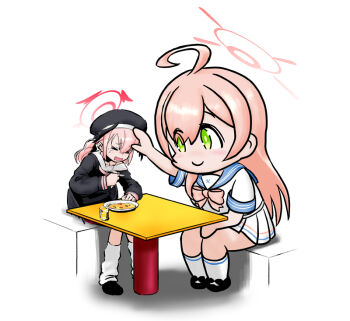 Rule 34 | 2girls, ahoge, backrooms (creepypasta), beret, black hat, black wings, blue archive, braid, choufu shimin, feathered wings, green eyes, halo, hanako (blue archive), hat, koharu (blue archive), long hair, multiple girls, pink hair, pink halo, school uniform, serafuku, twintails, white serafuku, winged hat, wings