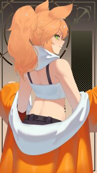 1girl absurdres animal_ears arknights back blyskawica_(flandre5carlet) closed_mouth commission commissioner_upload from_behind green_eyes highres horse_ears horse_girl jacket jacket_partially_removed long_hair looking_at_viewer looking_back material_growth najashi no_tail non-web_source orange_hair orange_jacket original oripathy_lesion_(arknights) ponytail profile scarf second-party_source shirt solo tank_top white_scarf white_shirt