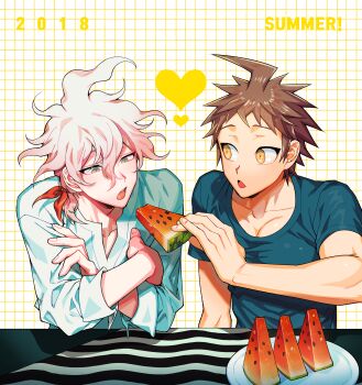 2018 2boys :o absurdres ahoge black_shirt blush danganronpa_(series) danganronpa_2:_goodbye_despair food fruit grey_hair hair_ribbon heart highres hinata_hajime komaeda_nagito long_sleeves messy_hair multiple_boys muscular muscular_male orange_eyes plate red_ribbon ribbon shirt teeth upper_body upper_teeth_only uurin watermelon watermelon_slice white_background white_shirt
