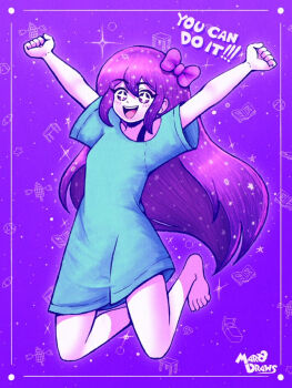 Rule 34 | 1girl, arms up, artist name, aubrey (headspace) (omori), aubrey (omori), barefoot, blue shirt, blush, bow, colored skin, commentary, double-parted bangs, english commentary, english text, full body, hair between eyes, hair bow, long hair, long shirt, looking at viewer, marodraws, omori, open mouth, pink bow, purple eyes, purple hair, shirt, short sleeves, sidelocks, smile, solo, t-shirt, teeth, tongue, upper teeth only, white skin