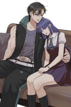 Rule 34 | 1boy, 1girl, arm around waist, belt, belt buckle, black boots, black coat, black hair, black pants, blonde hair, blue hair, boots, boruto: two blue vortex, bracelet, breasts, buckle, closed eyes, coat, couch, diagonal-striped clothes, diagonal-striped necktie, dress, earrings, eyebrow piercing, face piercing, facial tattoo, grey eyes, head on another's shoulder, highres, ifevilwhyuhot, jewelry, kakei sumire, kawaki (boruto), knee boots, konohagakure symbol, medium breasts, multicolored hair, muscular, muscular male, naruto (series), necktie, pants, piercing, pleated dress, purple dress, short dress, short necktie, sleeping, sleeveless, sleeveless coat, striped clothes, stud earrings, tattoo, two-tone hair, undercut, white belt