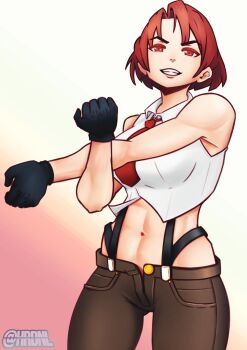 1girl breasts female_focus formal_clothes gloves hrdnl huge_breasts large_breasts looking_at_viewer pale_skin pants red_eyes red_hair shirt short_hair smile standing the_king_of_fighters thick_thighs thighs unbuttoned undressing unzipped vanessa_(kof) white_shirt wide_hips