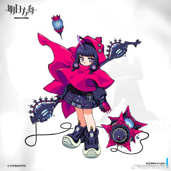 1girl arknights ball_and_chain_(weapon) bare_legs black_gloves black_hair black_jacket black_shoes chinese_commentary cloak closed_mouth company_name copyright_logo copyright_name copyright_notice deformed dot_mouth full_body gloves grey_background holding holding_weapon hood hood_up hooded_cloak jacket logo long_sleeves looking_at_viewer low-tied_sidelocks multicolored_hair nishikiori_sarasa_(arknights) official_art puffy_long_sleeves puffy_sleeves purple_eyes purple_hair red_cloak rhodes_island_logo_(arknights) shijie_ziyou_xiaogui shoes sidelocks simple_background sneakers solo standing streaked_hair tachi-e watermark weapon weibo_watermark
