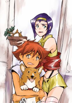 2girls absurdres animal animal_hug bare_shoulders blunt_ends bob_cut bonsai broken brown_dog brown_eyes clothes_around_waist collar cowboy_bebop cropped_vest dark-skinned_female dark_skin dog doorway edward_wong_hau_pepelu_tivrusky_iv ein_(cowboy_bebop) faye_valentine flower_pot from_side frown furrowed_brow green_eyes hair_between_eyes hair_pulled_back hairband highres holding holding_animal holding_dog holding_flower_pot holding_tree hug hug_from_behind indoors inverted_bob looking_afar looking_to_the_side looking_up midriff multiple_girls navel nervous open_mouth plant potted_plant purple_hair red_collar red_hair red_lips red_sweater shirt short_hair short_shorts short_sleeves shorts sketch sleeveless sweater sweater_around_waist t-shirt thighhighs tobalin tomboy vest wavy_mouth welsh_corgi white_shirt white_thighhighs worried yellow_hairband yellow_shorts yellow_vest