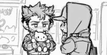 2boys arm_hair baseball_cap character_doll chibi couple crane_game deadpool deadpool_&amp;_wolverine deadpool_(series) dishing doll facial_hair hat hello_kitty hello_kitty_(character) holding holding_stuffed_toy hood hood_up hoodie jacket long_sleeves male_focus marvel marvel monochrome multiple_boys plaid_clothes plaid_shirt sanrio scar scars_all_over shirt short_hair smile stuffed_animal stuffed_toy sweatdrop too_many wolverine_(x-men) x-men yaoi