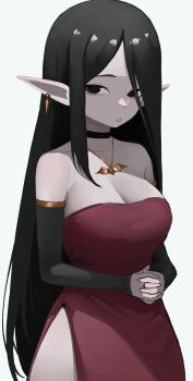 Rule 34 | 1girl, absurdres, anemoneeanemone, bare shoulders, bat necklace, black choker, black eyes, borrowed character, breasts, choker, cleavage, collarbone, cowboy shot, detached sleeves, dress, earrings, highres, interlocked fingers, jewelry, large breasts, licorice (justadrian), long hair, long pointy ears, long sleeves, looking at viewer, necklace, no pupils, original, own hands together, pale skin, parted bangs, pointy ears, red dress, ring, side slit, simple background, solo, strapless, strapless dress, very long hair, white background