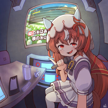 1girl :d animal_ears blush brown_hair commentary_request cup dot_nose drinking_glass feet_out_of_frame frilled_skirt frills hair_between_eyes hat highres holding holding_microphone horse_ears horse_girl horse_tail indoors karaoke long_hair looking_at_viewer microphone multicolored_hair open_mouth pantyhose pleated_skirt purple_shirt rakugakiraid school_uniform serafuku shirt short_sleeves signature sitting skirt smile solo still_in_love_(umamusume) summer_uniform table tail tracen_school_uniform translation_request two-tone_hair umamusume white_hair white_hat white_pantyhose white_skirt