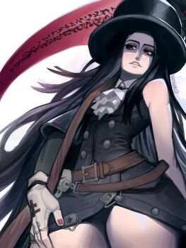 1other absurdres androgynous ascot asymmetrical_sleeves belt black_hair black_hat brown_belt commentary commission cowboy_shot english_commentary eyeshadow fingerless_gloves fingernails frilled_ascot frills gloves guilty_gear guilty_gear_strive half-closed_eyes hat highres holding holding_scythe long_hair makeup nail_polish namnums other_focus parted_lips red_eyes red_nails scythe testament_(guilty_gear) thighs top_hat white_ascot white_gloves