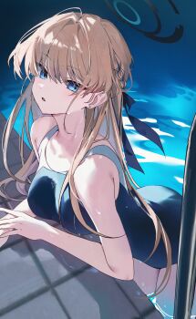 1girl absurdres b_soyo1 black_halo blonde_hair blue_archive blue_eyes blue_halo blue_streaks breasts commentary competition_school_swimsuit earrings hair_between_eyes halo highres jewelry long_hair looking_at_viewer medium_breasts multicolored_hair multicolored_halo parted_lips pool pool_ladder poolside school_swimsuit solo streaked_hair swimsuit toki_(blue_archive) two-tone_hair two-tone_halo water_drop wet
