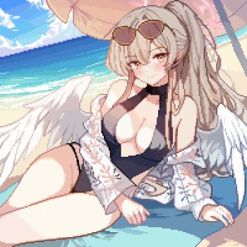 1girl aviator_sunglasses bare_shoulders beach beach_towel beach_umbrella black_one-piece_swimsuit blue_archive blue_sky blush breasts brown-tinted_eyewear cloud day eyewear_on_head feathered_wings hair_between_eyes halo halterneck large_breasts long_hair looking_at_viewer nagisa_(blue_archive) nagisa_(swimsuit)_(blue_archive) ocean official_alternate_costume official_alternate_hairstyle one-piece_swimsuit outdoors pixel_art ponytail sand shore sky solo sunglasses swimsuit tinia_etru tinted_eyewear towel umbrella water white_wings wings