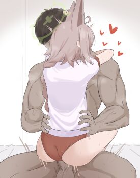 1boy 1girl absurdres animal_ears arms_around_neck ass blue_archive brown_hair buruma buruma_aside clothed_female_nude_male clothing_aside dark-skinned_male dark_skin fox_ears fox_girl green_halo gym_uniform halo hands_on_another&#039;s_hips highres long_braid makura_u9b nude otogi_(blue_archive) red_buruma sensei_(blue_archive) sex simple_background straddling upright_straddle