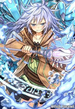 1girl black_skirt blue_eyes blue_hair bone brown_robe claws clenched_hand collar commentary cowboy_shot duel_monster eria_(yu-gi-oh!) familiar-possessed_-_eria fuji_tarawi gagagigo hair_between_eyes highres holding holding_staff hooded_robe light_blush long_hair magic_circle open_clothes open_hand open_robe revision robe skirt smile staff twitter_username water yellow_eyes yu-gi-oh!