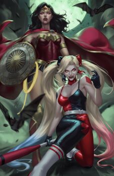 2girls baseball_bat bat_(animal) black_gloves black_hair black_pants black_tank_top blonde_hair blood blood_from_mouth breasts cape dc_comics ejikure fangs gloves glowing glowing_eyes harley_quinn highres holding holding_baseball_bat holding_shield long_hair looking_at_viewer multiple_girls pants red_cape red_eyes red_pants red_tank_top shield small_breasts socks split-color_clothes tank_top tiara twintails two-tone_pants two-tone_tank_top vampire white_socks wonder_woman