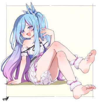 1girl absurdres barefoot blue_hair boppin commentary commission crossed_legs duel_monster english_commentary feet highres long_hair multicolored_hair nail_polish rilliona_(yu-gi-oh!) soles solo toenail_polish toenails toes witchcrafter_madame_verre yu-gi-oh!