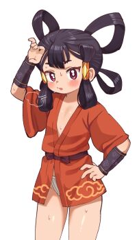 1girl black_hair bracer commentary_request flat_chest fundoshi funifuchan hands_on_own_hips highres japanese_clothes sakuna-hime simple_background sweat tagme tensui_no_sakuna-hime tunic white_background