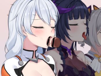 1boy 3girls :d bar_censor bare_shoulders blush bodysuit bow breasts bronya_zaychik bronya_zaychik_(yamabuki_armor) censored cleavage cleavage_cutout closed_eyes clothing_cutout commentary_request disembodied_penis drill_hair fake_horns fellatio grey_hair hair_bow halloween_costume homu_(honkai_impact) honkai_(series) honkai_impact_3rd horns hyunjjing kiana_kaslana kiana_kaslana_(white_comet) leotard long_hair mosaic_censoring multiple_girls open_mouth oral oral_invitation penis ponytail purple_hair purple_leotard raiden_mei raiden_mei_(eventide_phantom) raiden_mei_(lightning_empress) smile tongue tongue_out twin_drills upper_body very_long_hair white_bodysuit white_hair yellow_bow yellow_leotard