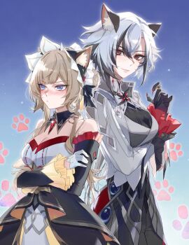 2girls animal_ears arlecchino_(genshin_impact) bare_shoulders black_hair blue_background blue_eyes blush breasts brooch cat_ears cleavage commentary cowboy_shot crossed_arms detached_collar detached_sleeves dress english_commentary frilled_sleeves frills genshin_impact gloves grey_hair grey_jacket highres jacket jewelry long_hair long_sleeves looking_at_viewer multicolored_hair multiple_girls sandrone_(genshin_impact) smile standing strapless strapless_dress streaked_hair viviwi white_gloves white_hair