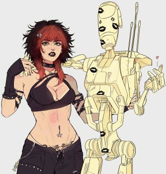 1girl 1other absurdres b1_battle_droid black_lips breasts finger_heart hair_ornament highres humanoid_robot lipstick_mark medium_breasts medium_hair messy_hair navel orange_eyes parted_lips punk robot simple_background star_(symbol) star_hair_ornament star_wars white_background yoracrab
