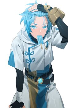 1boy bangs_held_back blue_eyes blue_hair chongyun_(genshin_impact) commentary fingerless_gloves forehead genshin_impact gloves hand_on_own_head hot ice_cream_bar lan_dinh_thi_dieu looking_at_viewer male_focus mouth_hold shirt short_hair simple_background solo sweat symbol-only_commentary white_shirt