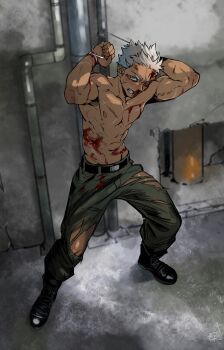 abs angry bdsm blood blood_on_face blue_eyes bondage bound male_focus muscular muscular_arms muscular_male pectorals shirtless_male tanned_body tanned_male torawar white_hair