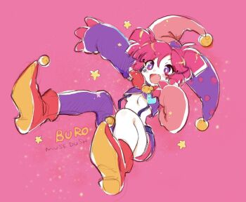 1girl :d arm_up asymmetrical_legwear asymmetrical_sleeves bear_brooch belt blunt_bangs blunt_ends breasts bright_pupils brooch buro_(joker)_(muse_dash) buro_(muse_dash) character_name cleavage colored_skin copyright_name cross-eyed diamond_facial_mark dot_nose facial_mark fang foreshortening full_body hand_on_own_face hand_up happy hat hatching_(texture) jester_cap jewelry mark_under_eye midair mismatched_legwear mismatched_sleeves muse_dash official_alternate_costume ogawa_hidari open_mouth outstretched_arm overalls pantyhose pink_background pink_hair pink_shoes pink_shorts pink_sleeves pointy_shoes protected_link purple_belt purple_eyes purple_pantyhose purple_shorts purple_shrug purple_sleeves revealing_clothes shoes short_shorts short_twintails shorts shrug_(clothing) side_part single_leg_pantyhose sitting smile solo sparkle star_(symbol) twintails underboob v-shaped_eyebrows white_pupils white_skin