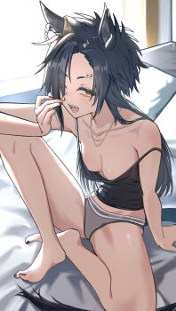 1girl absurdres air_shakur_(umamusume) animal_ears arm_support barefoot black_camisole black_hair black_nails blush brand_name_imitation breasts brown_eyes camisole chain chain_earrings collarbone commentary_request earrings eyebrow_piercing face_piercing feet grey_panties hair_over_one_eye highres horse_ears horse_girl horse_tail indoors jewelry looking_at_viewer medium_breasts mushrooming_man nail_polish on_bed open_mouth panties piercing sharp_teeth single_earring sitting solo tail teeth toenail_polish toenails toes umamusume underwear yawning