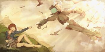 1girl barefoot bird blupixl brown_hair canti cat fine_art_parody flcl highres open_mouth parody robot samejima_mamimi skirt star_(symbol) sun takkun_(flcl) television the_creation_of_adam