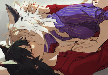 2girls animal_ears arknights black_hair black_nails closed_eyes french_kiss grabbing_another&#039;s_breast groping hand_on_another&#039;s_waist kiss kuroda_(nanchara_flight) lappland_(arknights) multiple_girls open_clothes open_shirt purple_shirt red_shirt shirt striped_clothes striped_shirt texas_(arknights) white_hair wolf_ears yuri