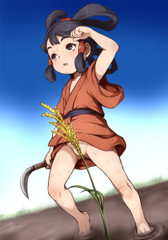 1girl black_eyes black_hair bottomless convenient_censoring e10 farming hair_rings hair_tubes japanese_clothes kimono loli mud open_mouth outdoors plant rice_plant sakuna-hime sickle sweat tensui_no_sakuna-hime wiping_forehead