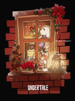 1girl 1other black_background character_doll christmas christmas_ornaments closed_mouth copyright_name doll english_text frisk_(undertale) goat_girl highres kamezaemon papyrus_(undertale) parted_lips sans_(undertale) smile toriel undertale utdr_(toby_fox) window