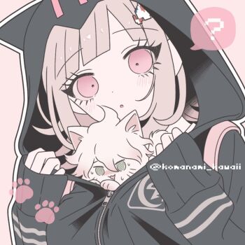 1girl :o ? animal_ears black_jacket blush commentary_request danganronpa_(series) danganronpa_2:_goodbye_despair fake_animal_ears hood hood_up hooded_jacket jacket komaeda_nagito komanami_kawaii long_sleeves medium_hair nanami_chiaki pink_eyes sleeves_past_wrists spoken_question_mark upper_body
