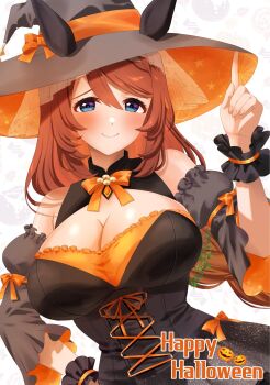 1girl animal_ears bare_shoulders black_dress black_hat black_sleeves black_wrist_cuffs blue_eyes blush breasts brown_hair cleavage commentary_request cowboy_shot detached_sleeves dress ears_through_headwear frilled_sleeves frilled_wrist_cuffs frills halloween_costume hand_on_own_hip hand_up happy_halloween hat highres horse_ears horse_girl index_finger_raised jack-o'-lantern large_breasts looking_at_viewer medium_hair narumi_yuzurai open_mouth short_dress sleeveless sleeveless_dress smile solo super_creek_(umamusume) umamusume white_background witch witch_hat wrist_cuffs