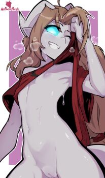 1girl ;) ahoge artist_name blue_eyes blue_sclera bottomless breath brown_hair clothes_lift colored_sclera colored_skin commentary cowboy_shot draenei english_commentary female_focus flat_chest glowing glowing_eyes grey_skin grin highres horns iridi_(malberrybush) lifting_own_clothes long_hair looking_at_viewer low-tied_long_hair malberrybush navel nipples official_alternate_costume one_eye_closed outline petite pointy_ears purple_background pussy red_shirt shirt shirt_lift simple_background smile solo stomach sweat tail teeth uncensored very_long_hair warcraft white_outline wiping_sweat wiping_with_clothes world_of_warcraft