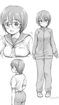 1girl back blush braid breasts feet_out_of_frame full_body glasses greyscale highres jacket jersey looking_at_viewer medium_breasts monochrome multiple_views ooshiro_youkou open_mouth original sailor_collar school_uniform shirt shoes short_hair single_braid sleeveless smile sneakers solo standing twitter_username white_background