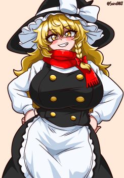 1girl apron black_hat black_skirt black_vest blonde_hair bow braid breasts curvy hair_bow hands_on_own_hips hat hat_bow highres kirisame_marisa large_breasts long_hair long_skirt long_sleeves red_bow red_scarf scarf seireiart shirt single_braid skirt smile solo touhou twitter_username vest waist_apron white_bow white_shirt wide_hips witch_hat yellow_eyes
