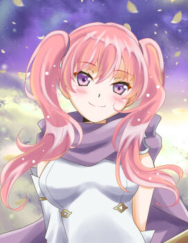 Rule 34 | 1girl, commentary request, dress, fire emblem, fire emblem: the blazing blade, long hair, looking at viewer, nintendo, pink hair, purple eyes, purple scarf, rein rise, scarf, serra (fire emblem), staff, twintails, white dress