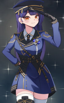 1girl adjusting_clothes adjusting_headwear aiguillette belt black_belt black_gloves black_hat black_necktie blue_hair blue_jacket blue_skirt blush boots breasts closed_mouth collared_shirt commentary cowboy_shot earrings epaulettes gloves gold_trim hand_on_headwear hand_on_own_hip hand_up hat highres jacket jewelry korean_commentary lilpa long_hair long_sleeves looking_at_viewer medal military_hat military_uniform mole mole_under_eye necktie official_alternate_costume orange_eyes peaked_cap puleudingding purple_hair shirt skirt smile solo sparkle standing thigh_boots thighhighs underbust very_long_hair virtual_youtuber waktaverse white_shirt white_thighhighs zettai_ryouiki