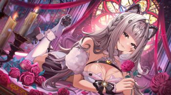 1girl :3 absurdres animal_ears animal_feet artist_request blunt_bangs blush braid breasts candle candlestand cleavage closed_mouth commentary dress english_commentary fang fang_out flower full_body grey_eyes grey_hair hand_on_own_chest head_rest heart heart-shaped_ornament highres holding holding_flower indie_virtual_youtuber large_breasts leg_up long_hair looking_at_viewer lying momochan_(vtuber) on_stomach purple_dress purple_thighhighs red_flower red_rose rose second-party_source smile solo the_pose thighhighs virtual_youtuber