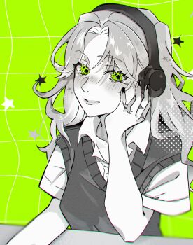 1girl absurdres closed_mouth collared_shirt commentary_request dress_shirt green_background green_eyes greyscale_with_colored_background grid_background hand_on_own_face headphones highres kininatteru_hito_ga_otoko_ja_nakatta long_hair oosawa_aya parted_bangs shirt short_sleeves solo star_(symbol) sweater_vest wavy_hair yura_(user_nwdz3824)