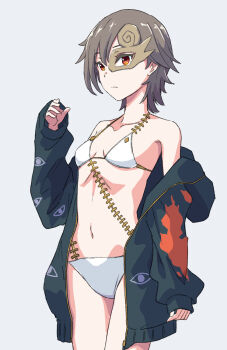 1girl bikini breasts brown_hair closed_mouth collarbone commentary_request expressionless half_mask highres hood hoodie iwanaga_ariya jack_(wkm74959) long_sleeves mask navel one-hour_drawing_challenge open_clothes open_hoodie red_eyes short_hair small_breasts solo swimsuit thighs touhou white_bikini