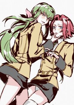 2girls ashford_academy_school_uniform blue_eyes blush c.c. code_geass couple finger_to_another&#039;s_mouth green_hair hashtag-only_commentary highres kobayashiyouyouko kouzuki_kallen long_hair looking_at_viewer miniskirt multiple_girls panties pantyshot ponytail red_hair school_uniform short_hair simple_background skirt smile thighhighs underwear white_background yellow_eyes yuri