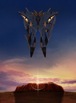 arms_at_sides beam_rifle blue_eyes cloud desert enelous energy_gun gradient_sky gun gundam gundam_hathaway's_flash highres holding holding_gun holding_weapon mecha mecha_focus mobile_suit no_humans outdoors robot science_fiction sky solo star_(sky) sunrise twilight uluru v-fin weapon xi_gundam