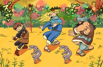 &gt;_&lt; 2boys 2girls :o ambrosia_(dungeon_meshi) animated animated_gif arm_guards armor beard black_eyes black_hair black_pants blonde_hair blue_capelet blue_robe boots brown_footwear brown_gloves brown_hair bush capelet cat_girl chilchuck_tims clenched_teeth commentary cross-eyed dancing dead_animal duckmeat_woohoo dungeon_meshi dwarf elf english_commentary facial_hair fake_horns fingerless_gloves flying_kick gloves gorget grass halfling helmet horned_helmet horns in_tree izutsumi jojo_no_kimyou_na_bouken kicking leather_armor long_beard long_hair marcille_donato multiple_boys multiple_girls mustache neck_warmer necromancer pants parody parted_bangs plant pointy_ears ponytail puppeteering rabbit red_ribbon red_scarf ribbon robe sandals scarf senshi_(dungeon_meshi) short_hair sitting sitting_in_tree sleeveless sound_effects staff sweatdrop teeth torture_dance tree vento_aureo very_long_beard wide-eyed wide_sleeves yellow_eyes