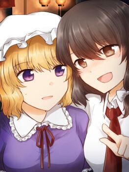 2girls :d blonde_hair blush bow bowtie breasts brown_eyes brown_hair collar dress drunk hat indoors koto_(shiberia39) maribel_hearn medium_breasts mob_cap multiple_girls necktie no_headwear open_mouth purple_dress purple_eyes red_ribbon ribbon shirt short_hair smile touhou usami_renko white_bow white_bowtie white_collar white_hat white_shirt