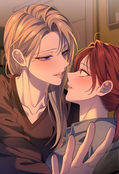 2girls blonde_hair blush distorted_love hyuna_shin light_smile long_hair medium_hair multiple_girls nami_lee prison_clothes red_hair